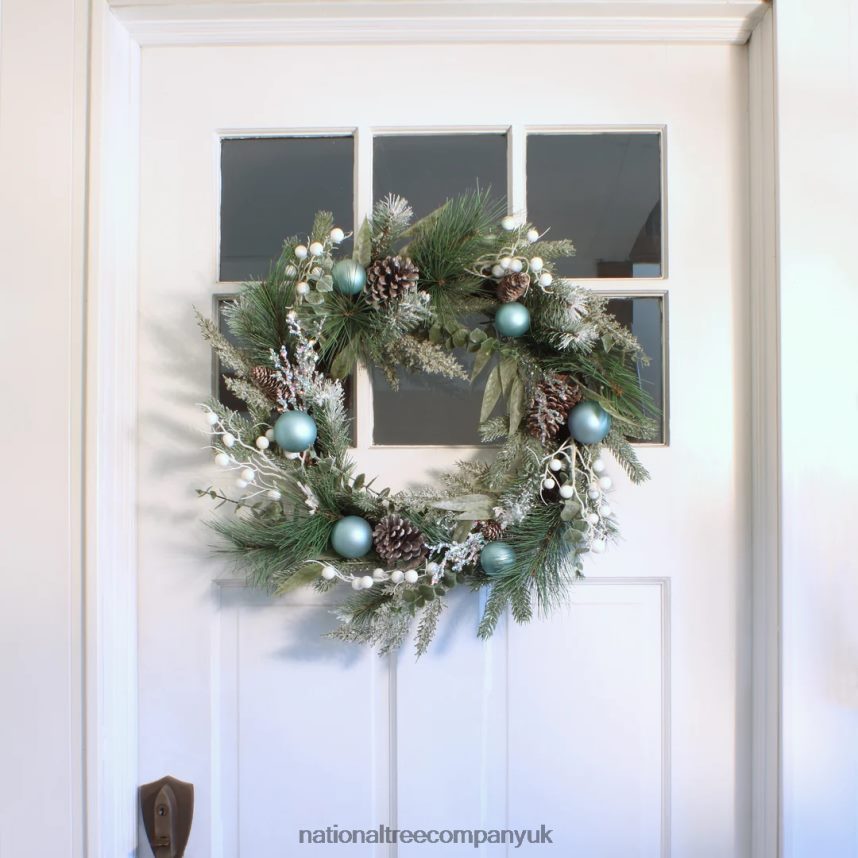 Greenery | National Tree Company Artificial Decorated Evergreen Christmas Wreath with Berry Clusters Silver Pinecones and Leafy Greens 24 in F2L4F321